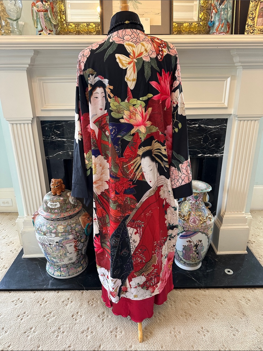 Black Floral Long Kimono with Red Panel